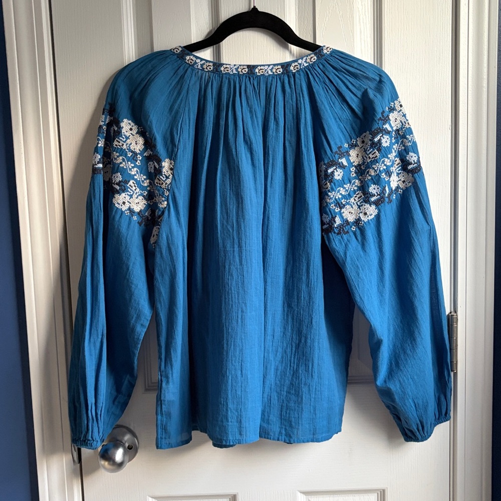American Eagle Women's S Blue Cotton Floral Embroidered Peasant Blouse Top Boho - Picture 10 of 11